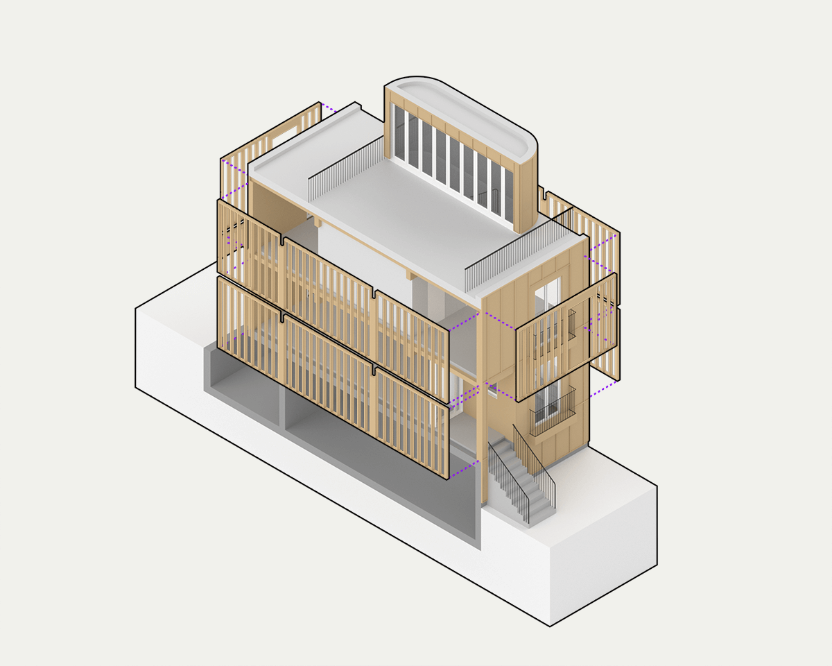 Isometric blow up diagram of a section of Apt's standardized Los Angeles product showing its light wood frame wall structure.