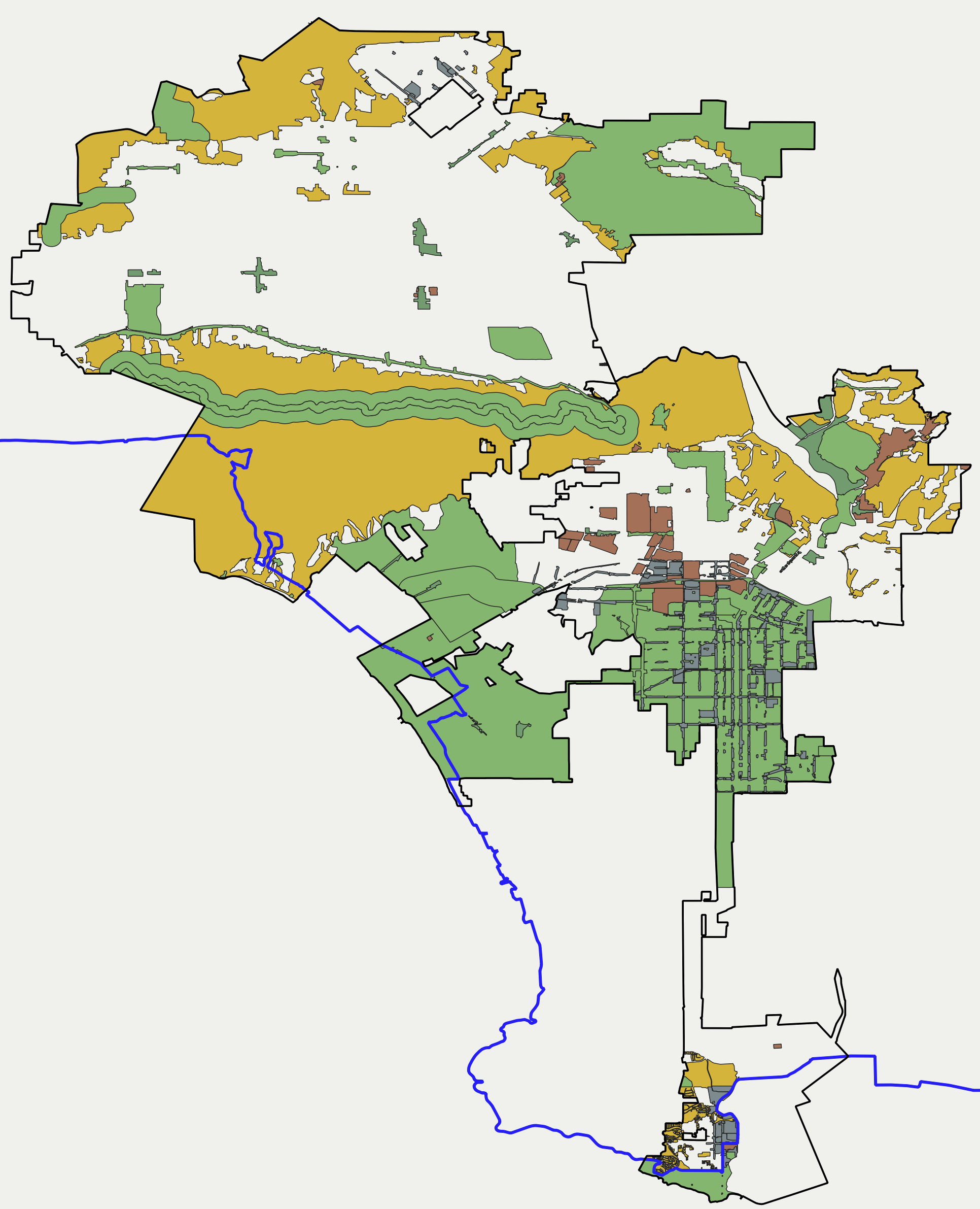 Map of select regulatory overlays in the City of Los Angeles laid over the boundary of the city.