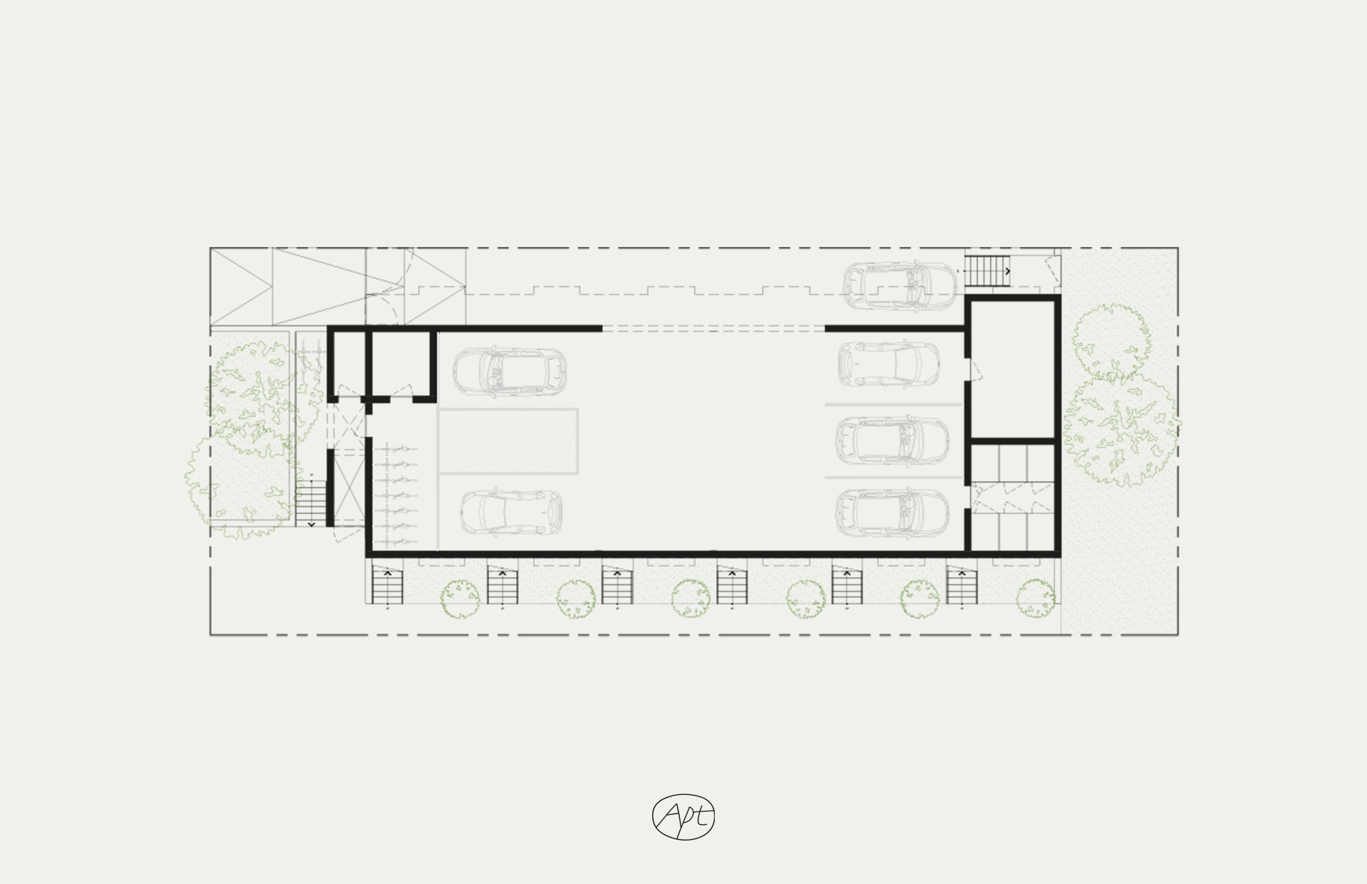 Garage plan of Apt's standardized 6-unit residential building in Los Angeles, CA.