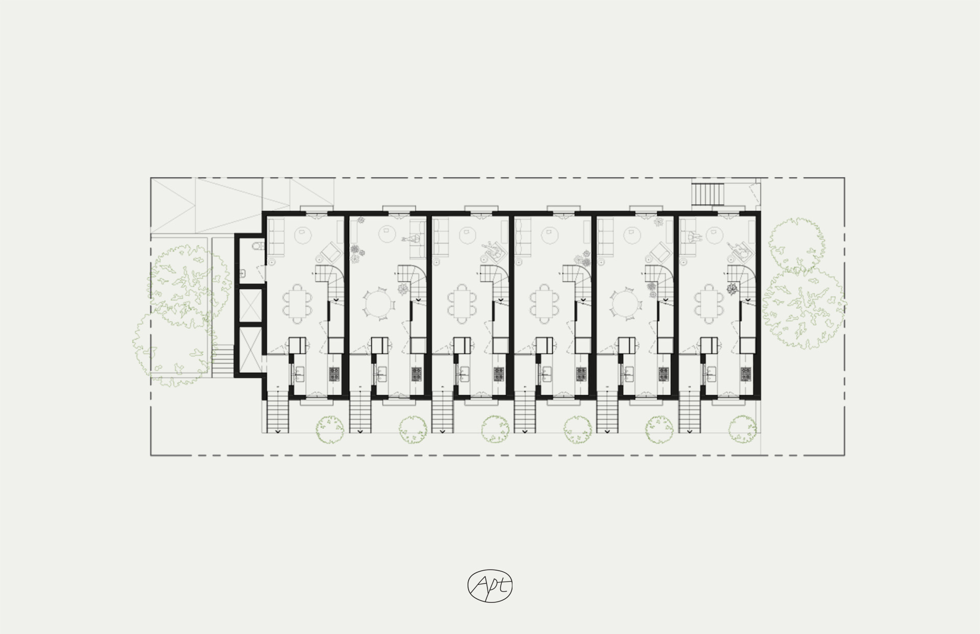 First floor plan of Apt's standardized 6-unit residential building in Los Angeles, CA.