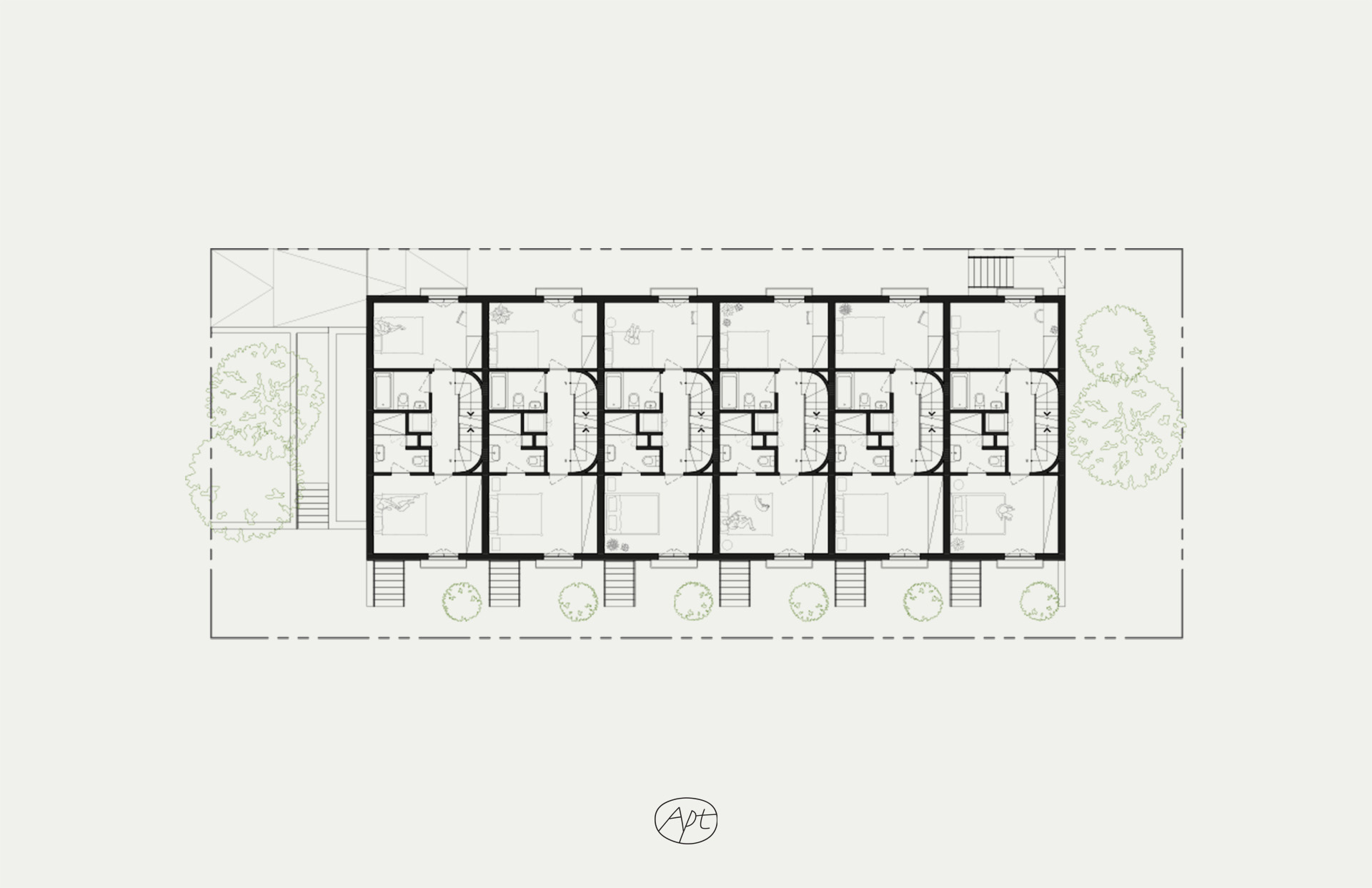 Second floor plan of Apt's standardized 6-unit residential building in Los Angeles, CA.