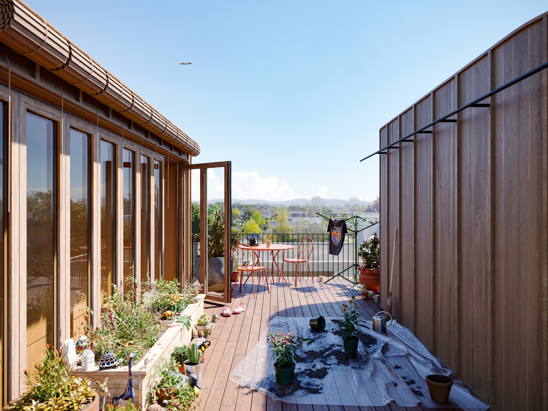 Rendering of the roof deck of Apt's standardized 6-unit residential building in Los Angeles, CA. The deck is covered in planter pots, there's a t-shirt drying in the wind.